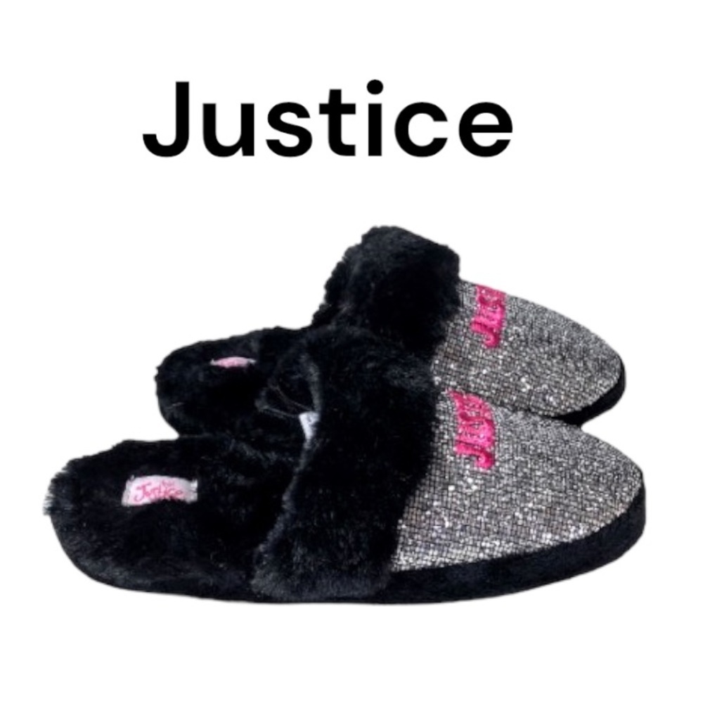 NWT Justice Little & Big Girls Slip-On Scuff Black & Silver Sparkly Slippers